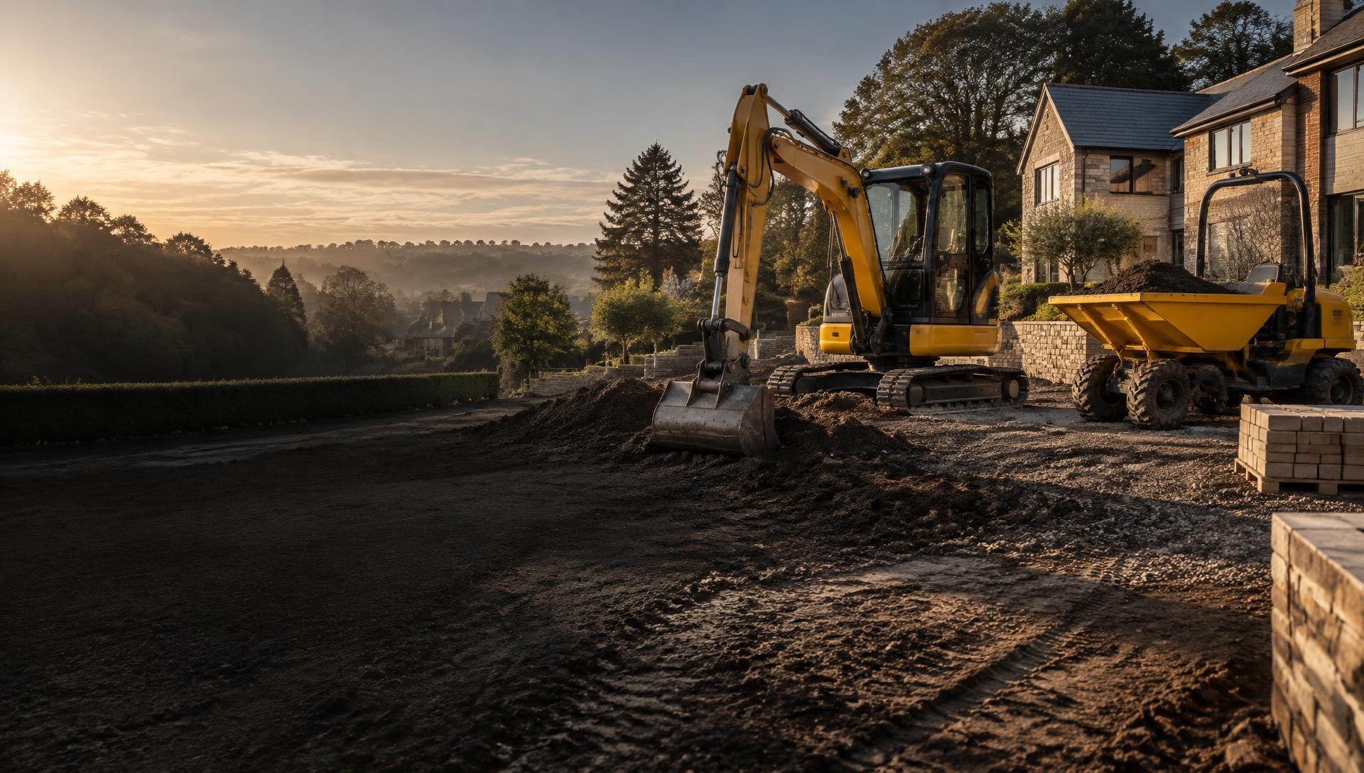 Mini excavator and dumper on a groundwork project