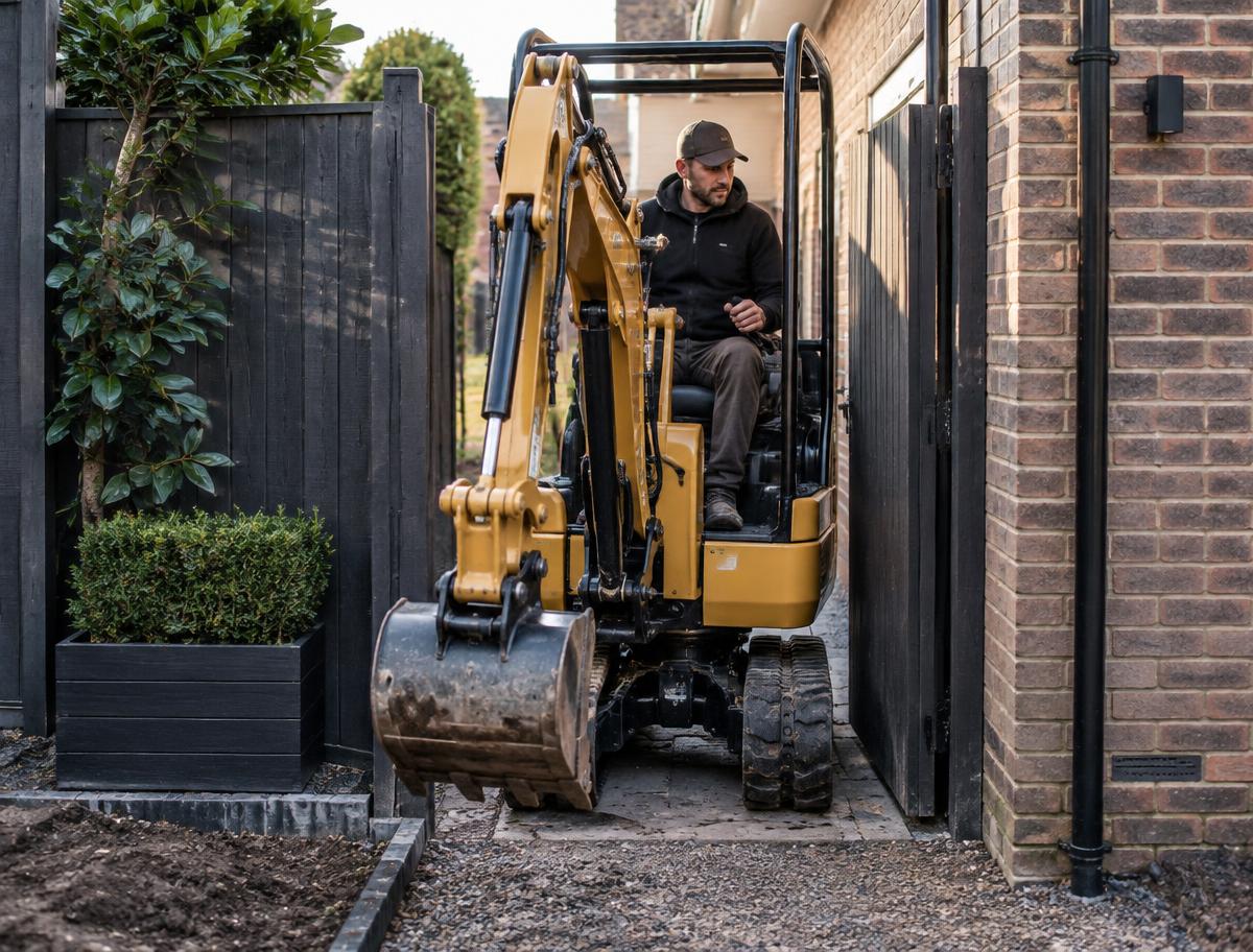 Compact micro digger fitting through a narrow garden gate